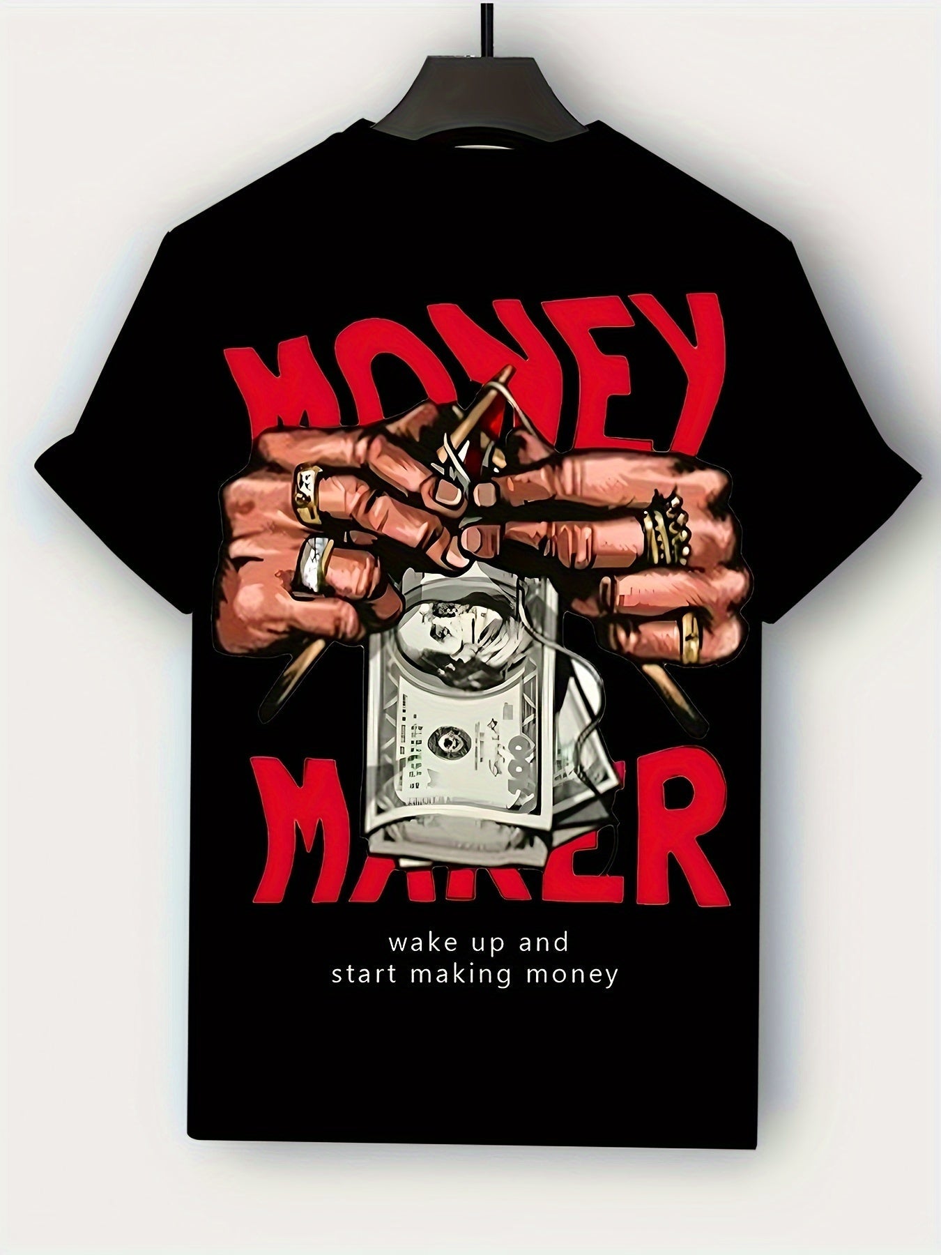 Hands With Money Print Men's Crew Neck Fashionable Short Sleeve Sports T-shirt, Comfortable And Versatile, For Summer And Spring, Athletic Style, Comfort Fit T-Shirt, As Gifts