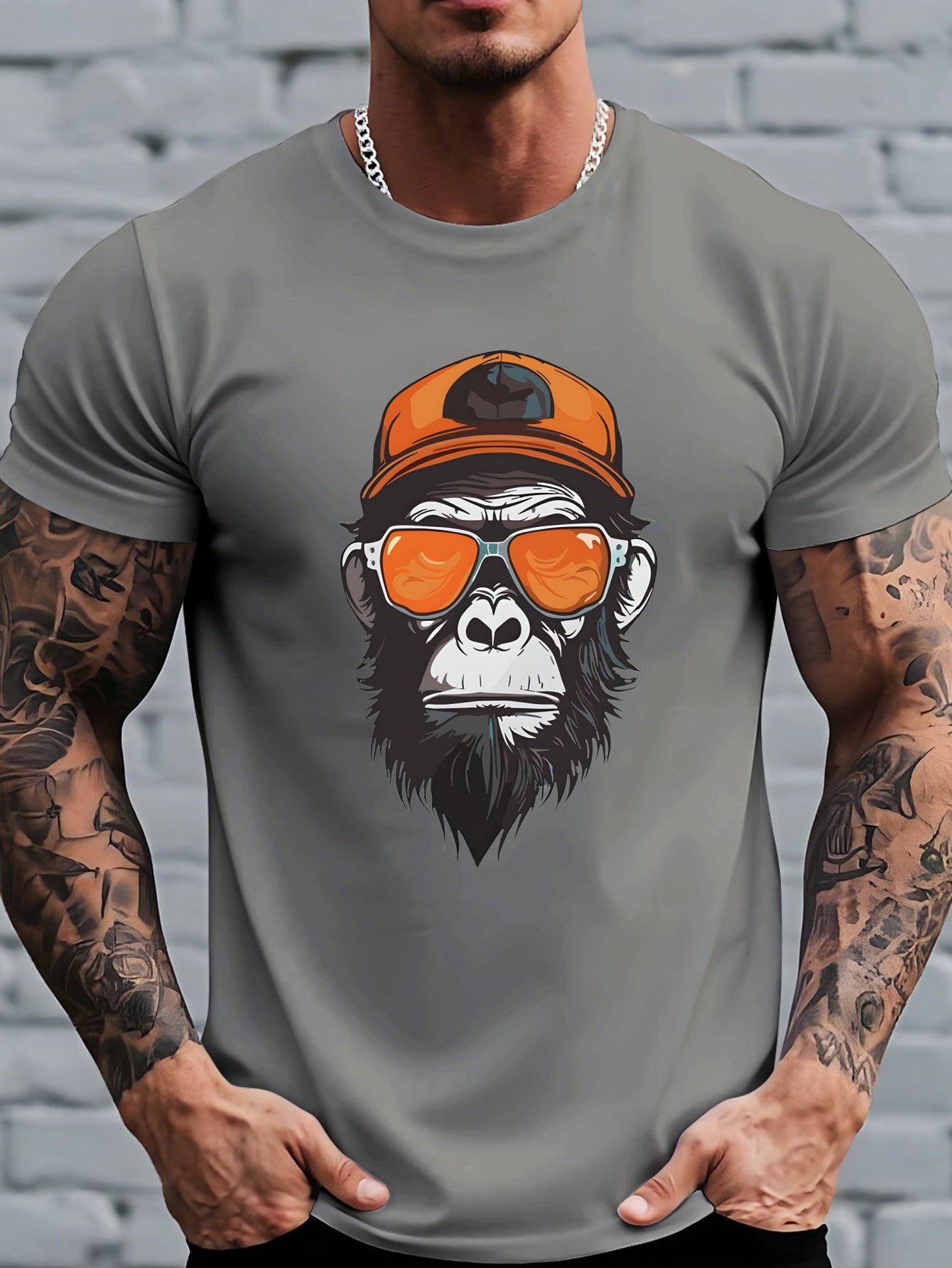 Men's Monkey Print T-Shirt - Monkey-Themed Short Sleeve Round Neck Casual Top, Breathable Summer Shirt Suitable for Outdoor & Casual Attire, Machine Washable Solid Color Base with Monkey