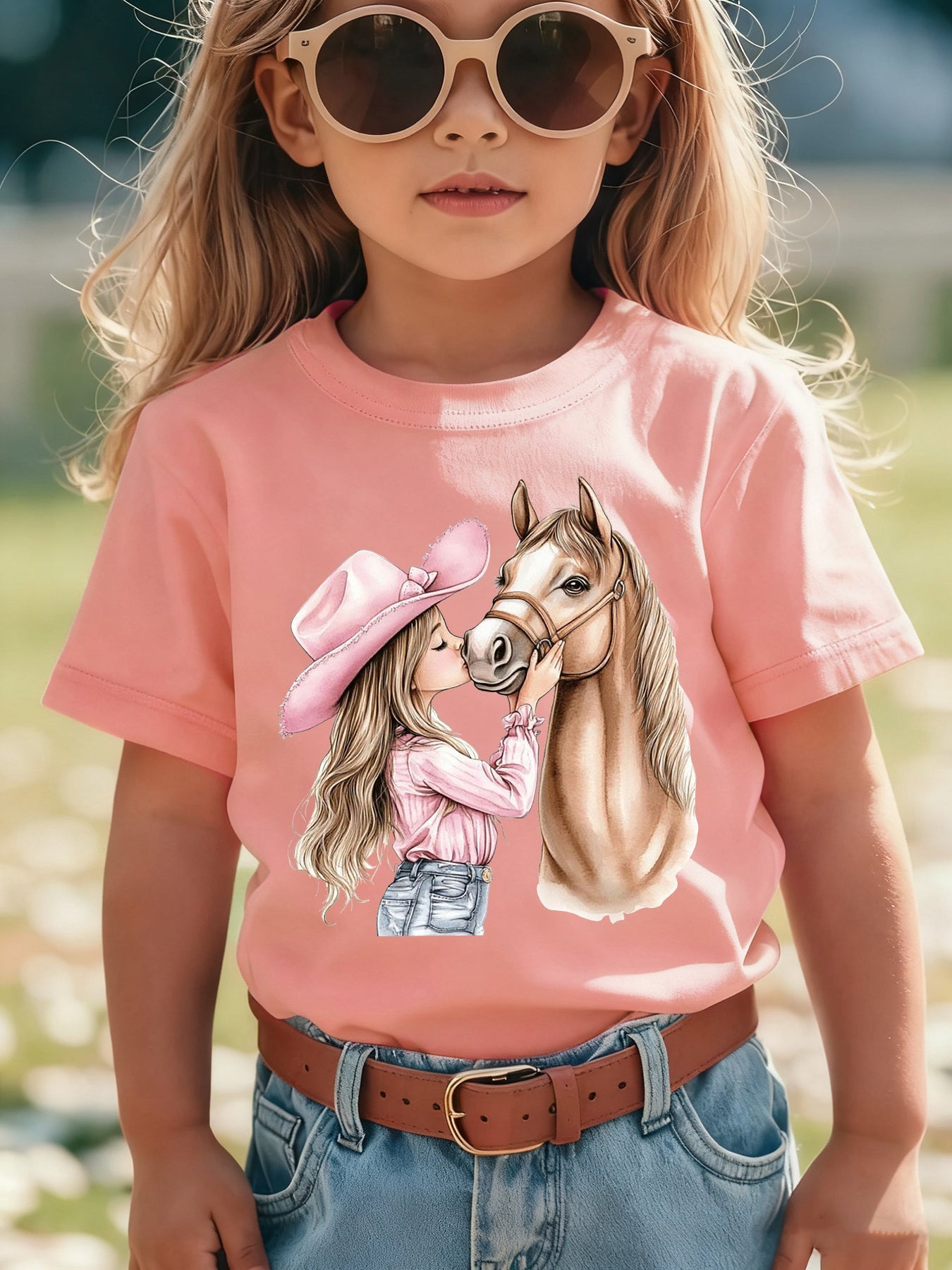 Girls' Summer Short Sleeve T-Shirt with Kissable Horse & Mara' Cartoon Patch - Pink Casual Round Neck Blouse for Equestrian Outfits NY-DX7632