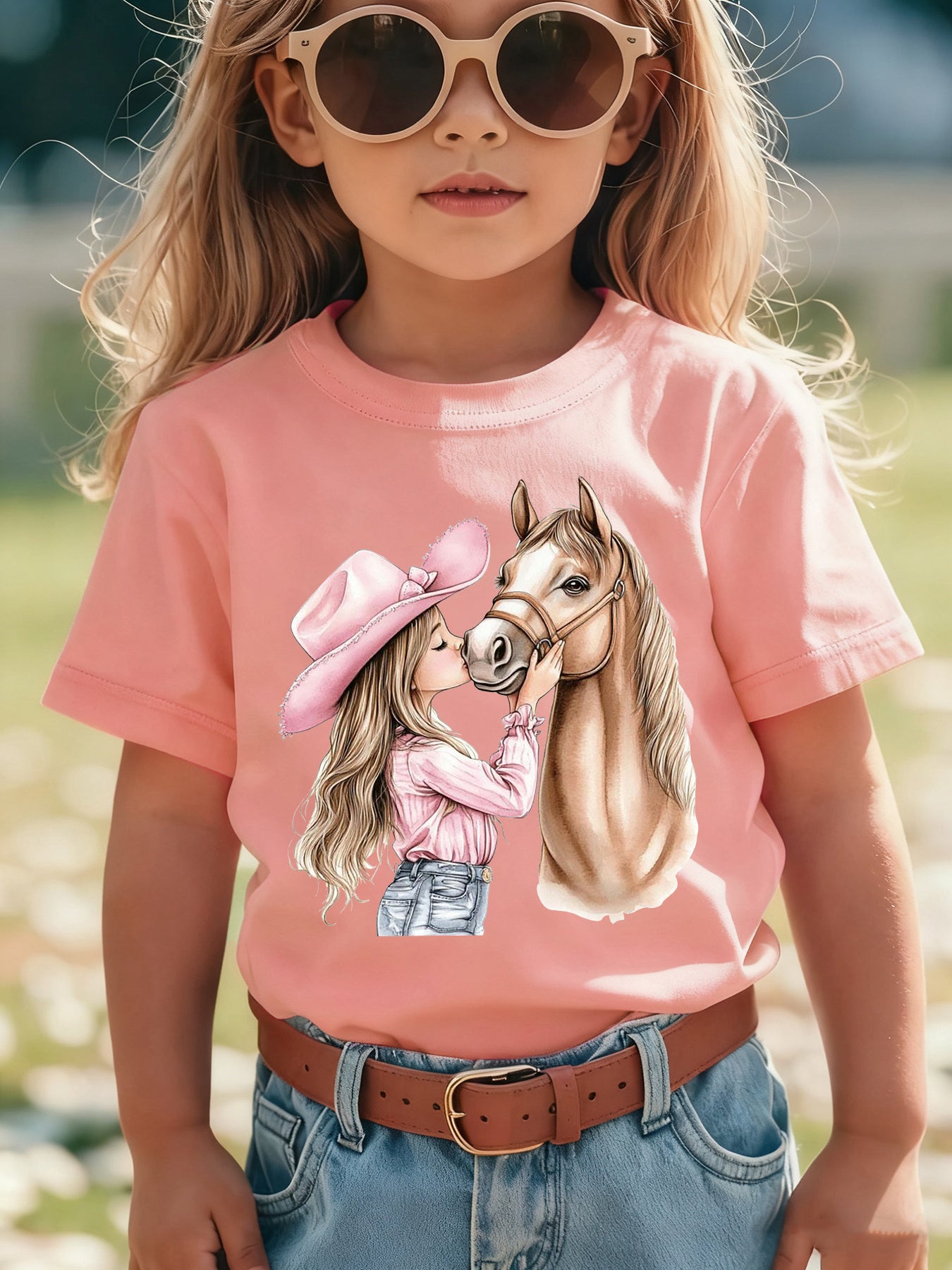 Girls' Summer Short Sleeve T-Shirt with Kissable Horse & Mara' Cartoon Patch - Pink Casual Round Neck Blouse for Equestrian Outfits NY-DX7632