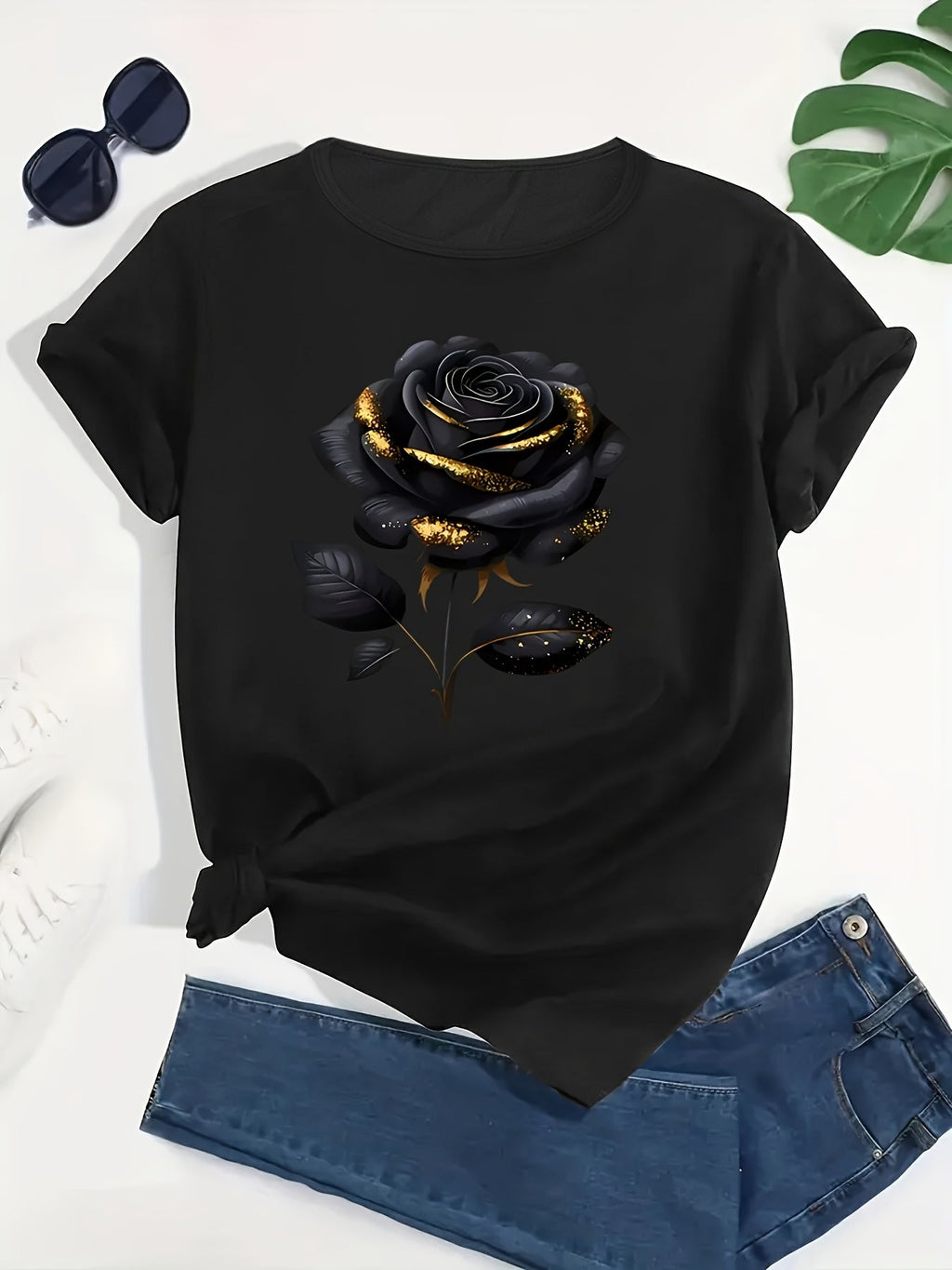 Plus Size, Women's Plus Size Oversized Black T-Shirt with Elegant Rose Print - Soft Stretch Short Sleeve Round Neck Blouse for All- Casual & Semi-Formal Wear - Machine Washable Comfortable Everyday Top for Larger Females