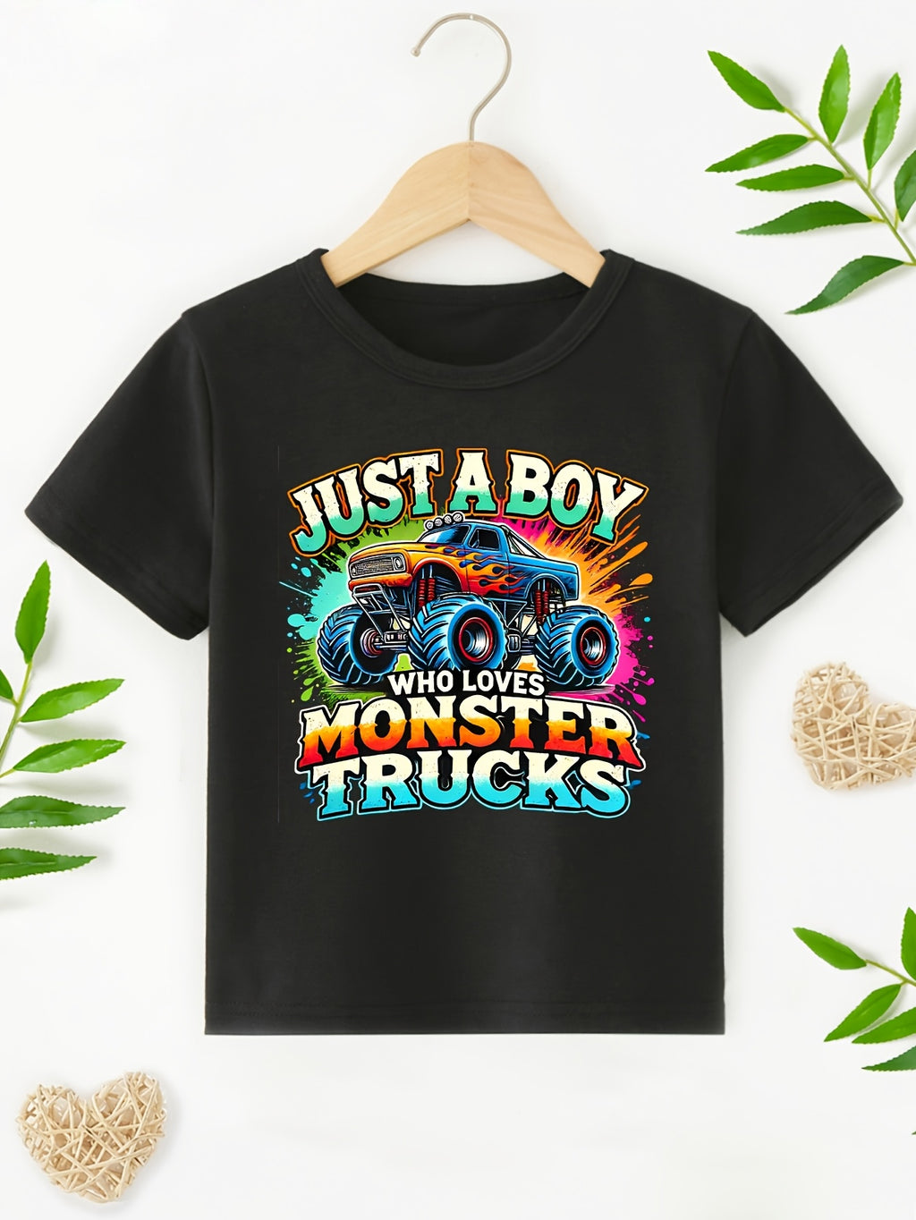 TX31220 Boy JUST A BOY WHO LOVES MONSTER TRUCKS Truck Print Casual Round Neck T-shirt