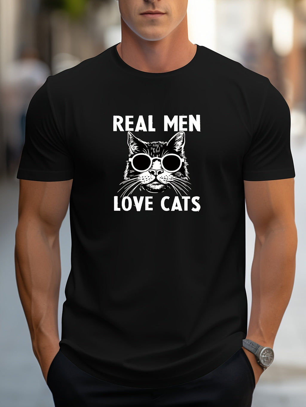 Men's Trendy Hand-Drawn Kitten Print Regular Shoulder T-Shirt