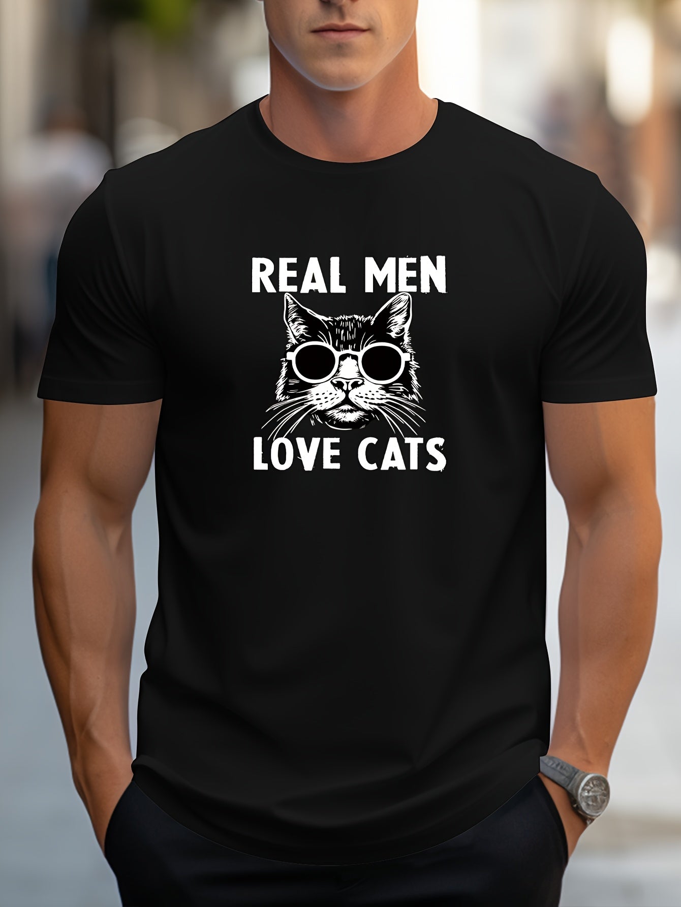 Men's Trendy Hand-Drawn Kitten Print Regular Shoulder T-Shirt