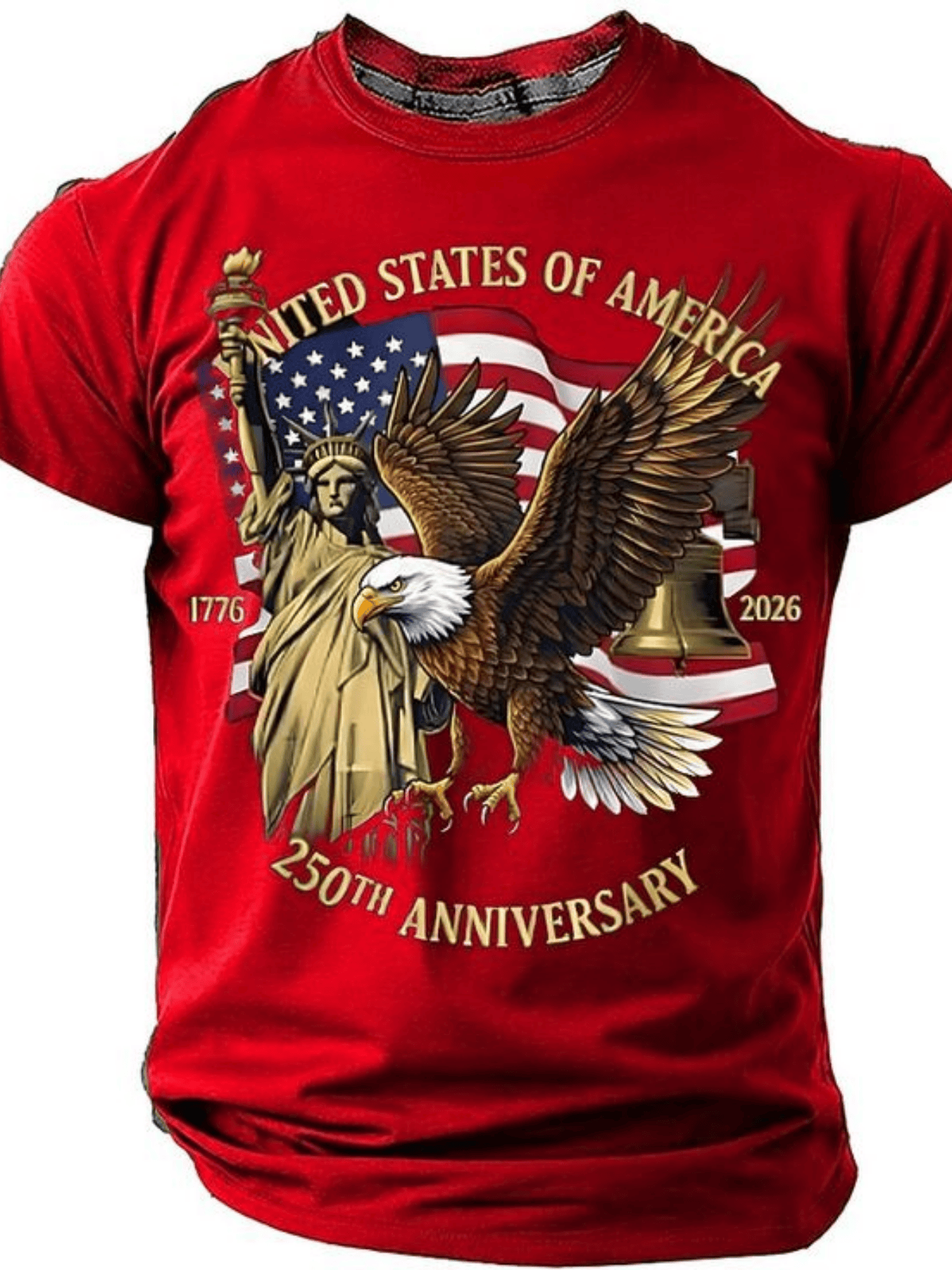 Large Round-Neck Short-Sleeved T-Shirt, Large Independence Day 250Th Anniversary T-Shirt, Featuring The National Flag, Eagle, And Statue of Liberty Prints, Loose-Fitting Top, Plus Size