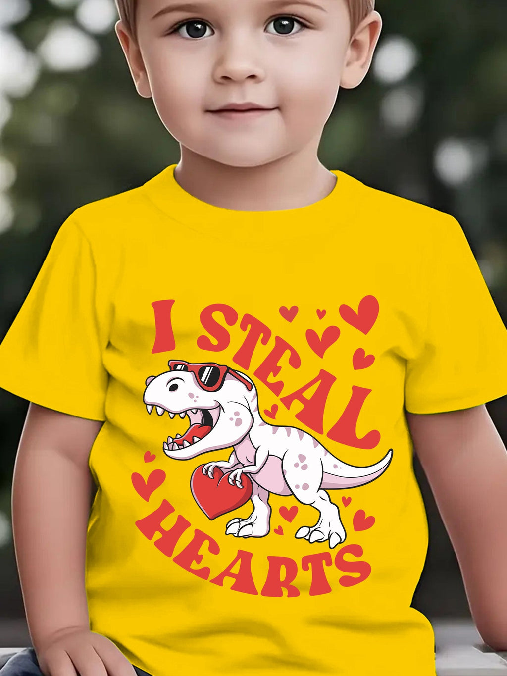 Valentine'S Day Summer Boys' Fashion Short Sleeve T-Shirt "I STEAL HEARTS" Holding Heart Dinosaur Cartoon Pattern Print Outdoor Casual Top NY-DX4923
