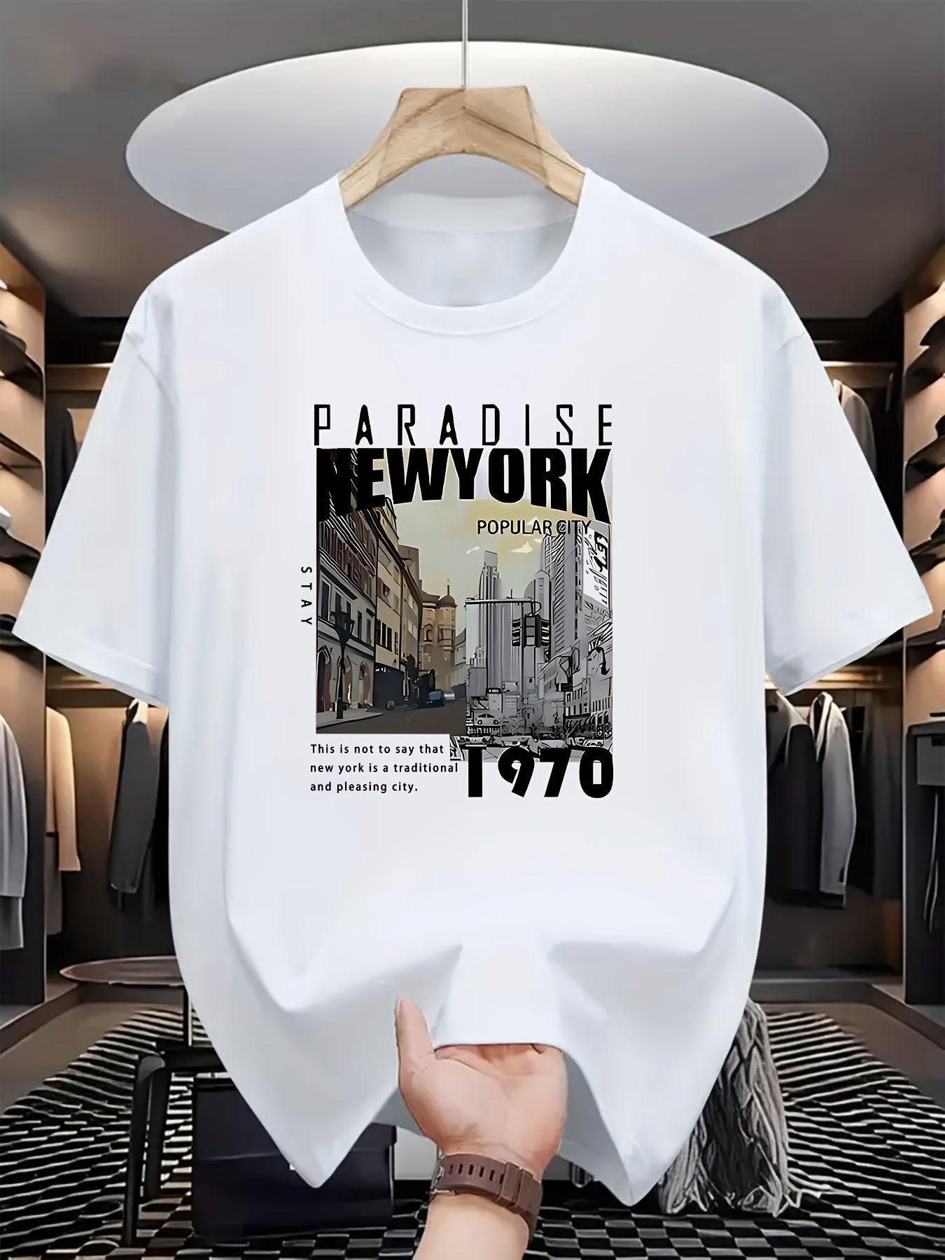 Men'S Fashion Casual PARADISE NEW YORK Print Regular Short Sleeve T-Shirt, Comfortable And Versatile