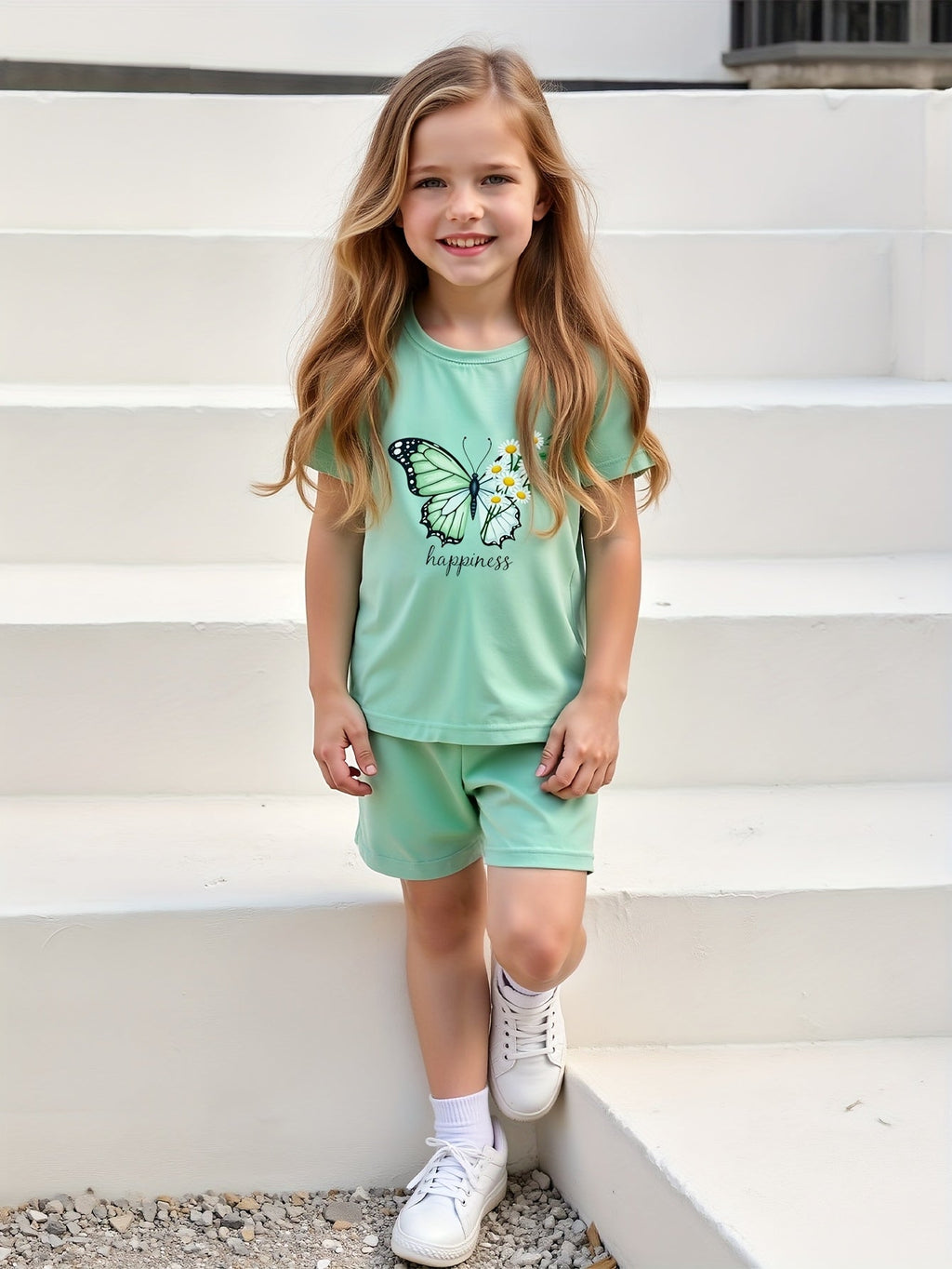 Girls' Clothing Summer Fashion Print Short Sleeve T-Shirt Top And Shorts Summer Shorts Set 2pcs, for Outdoor