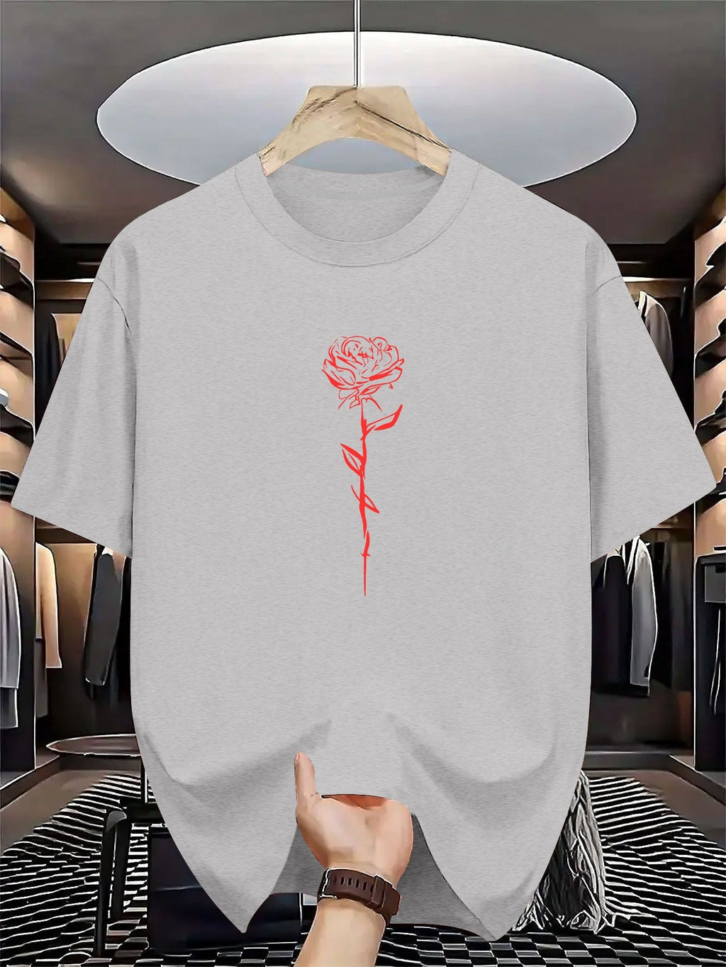 Men's Summer Short-Sleeve Round Neck T-Shirt - Casual & Sportswear Layering Base Shirt with Geometric Rose Print, Breathable for Hot Weather, Machine Washable Casual Outdoor Wear Suitable for Casual Outfits & Layering Pieces
