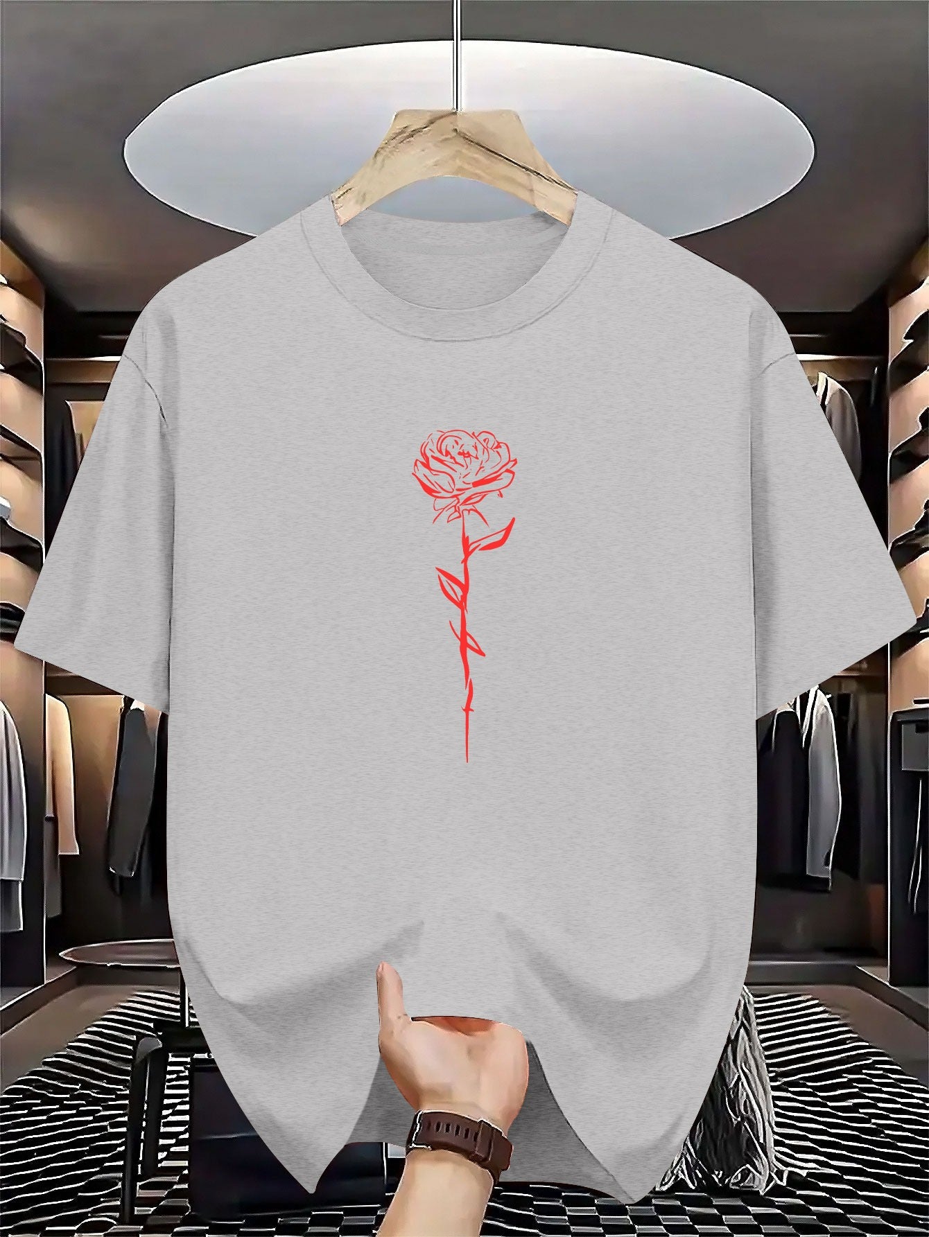 Men's Summer Short-Sleeve Round Neck T-Shirt - Casual & Sportswear Layering Base Shirt with Geometric Rose Print, Breathable for Hot Weather, Machine Washable Casual Outdoor Wear Suitable for Casual Outfits & Layering Pieces