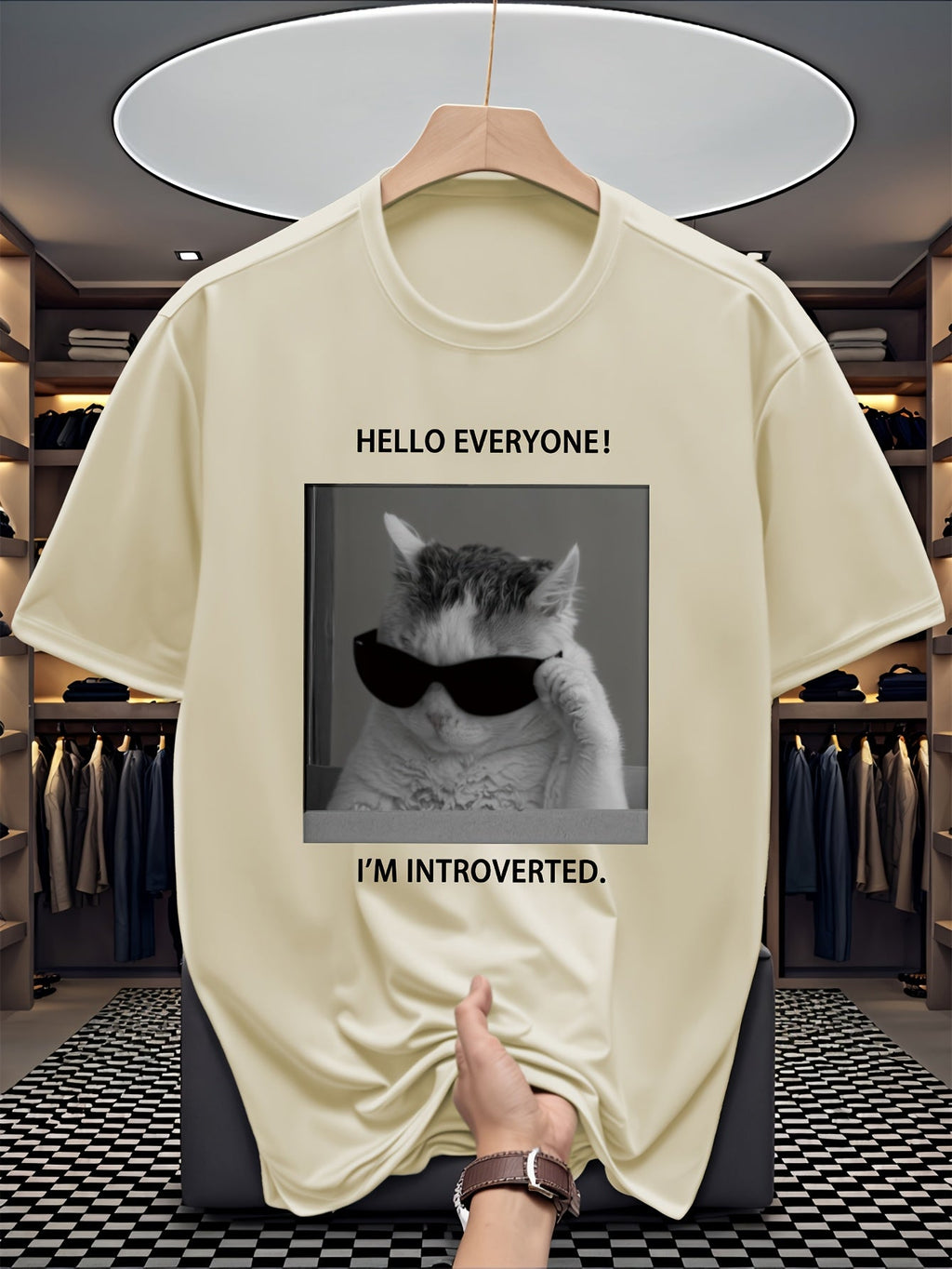 Men's "Pretending to Be Socially Awkward" Cat Letter Print Versatile Casual Sporty Short-Sleeve T-Shirt