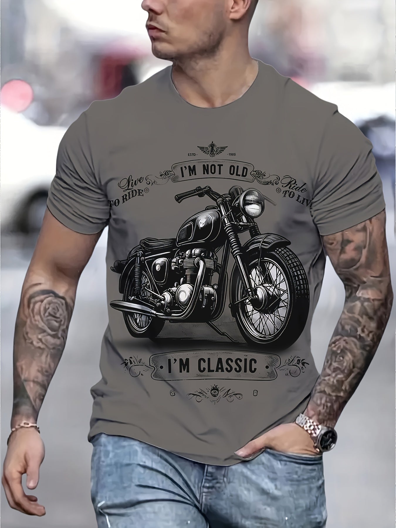 Summer Casual Men's 3D Digital Vintage Style Motorcycle Print and "I'M NOT OLD I'M CLASSIC" Graphic Short Sleeve Crew Neck T-Shirt, Father's Day Gift - Boyfriend Gift - Fashionable Summer Top for Outdoor Activities
