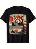 Men'S Funny Red Panda Eating Ramen Japanese Kawaii Anime Design T-Shirt - Black Casual Short Sleeve Crew Neck, Suitable for Outdoor Activities And Daily Wear