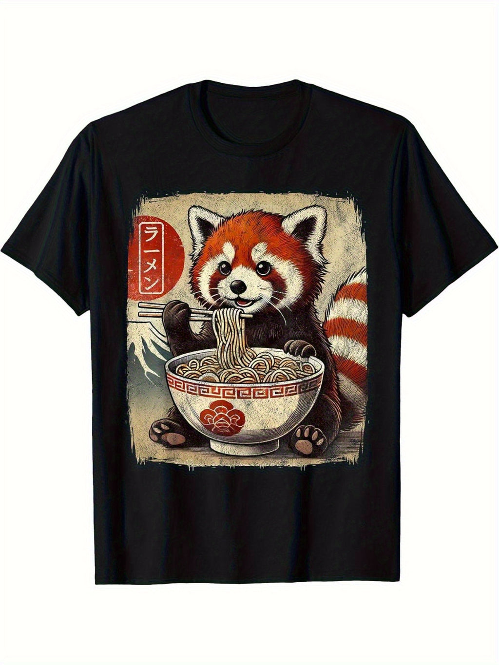 Men'S Funny Red Panda Eating Ramen Japanese Kawaii Anime Design T-Shirt - Black Casual Short Sleeve Crew Neck, Suitable for Outdoor Activities And Daily Wear