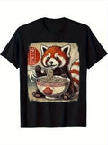 Men'S Funny Red Panda Eating Ramen Japanese Kawaii Anime Design T-Shirt - Black Casual Short Sleeve Crew Neck, Suitable for Outdoor Activities And Daily Wear