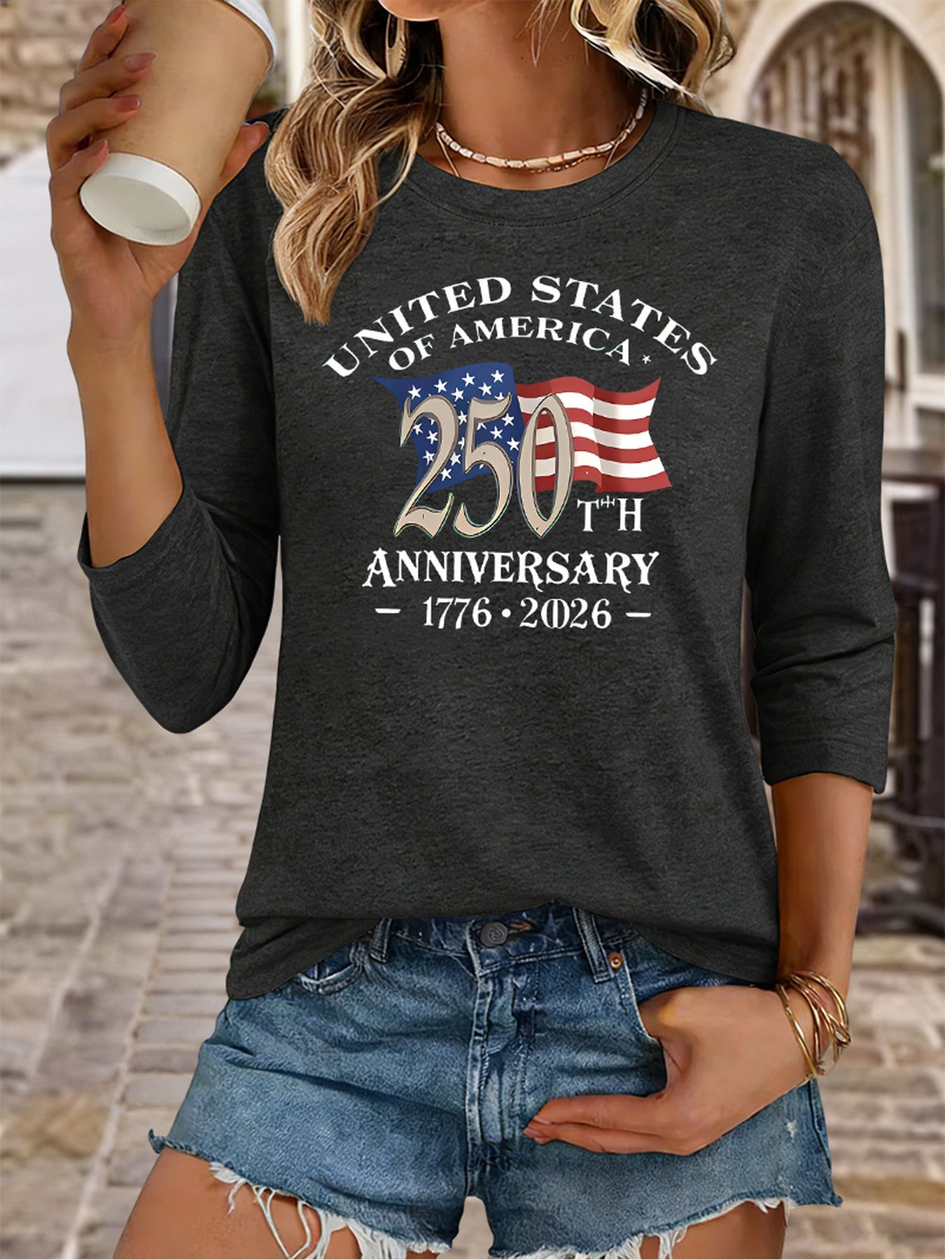 Women's USA 250th Anniversary T-Shirt 1776-2026 - Soft Breathable 3/4 Sleeve Crew Neck Top with Patriotic American Flag Print, Casual Relaxed Fit Suitable for 4th of July, July Celebrations & Year-Round Wear