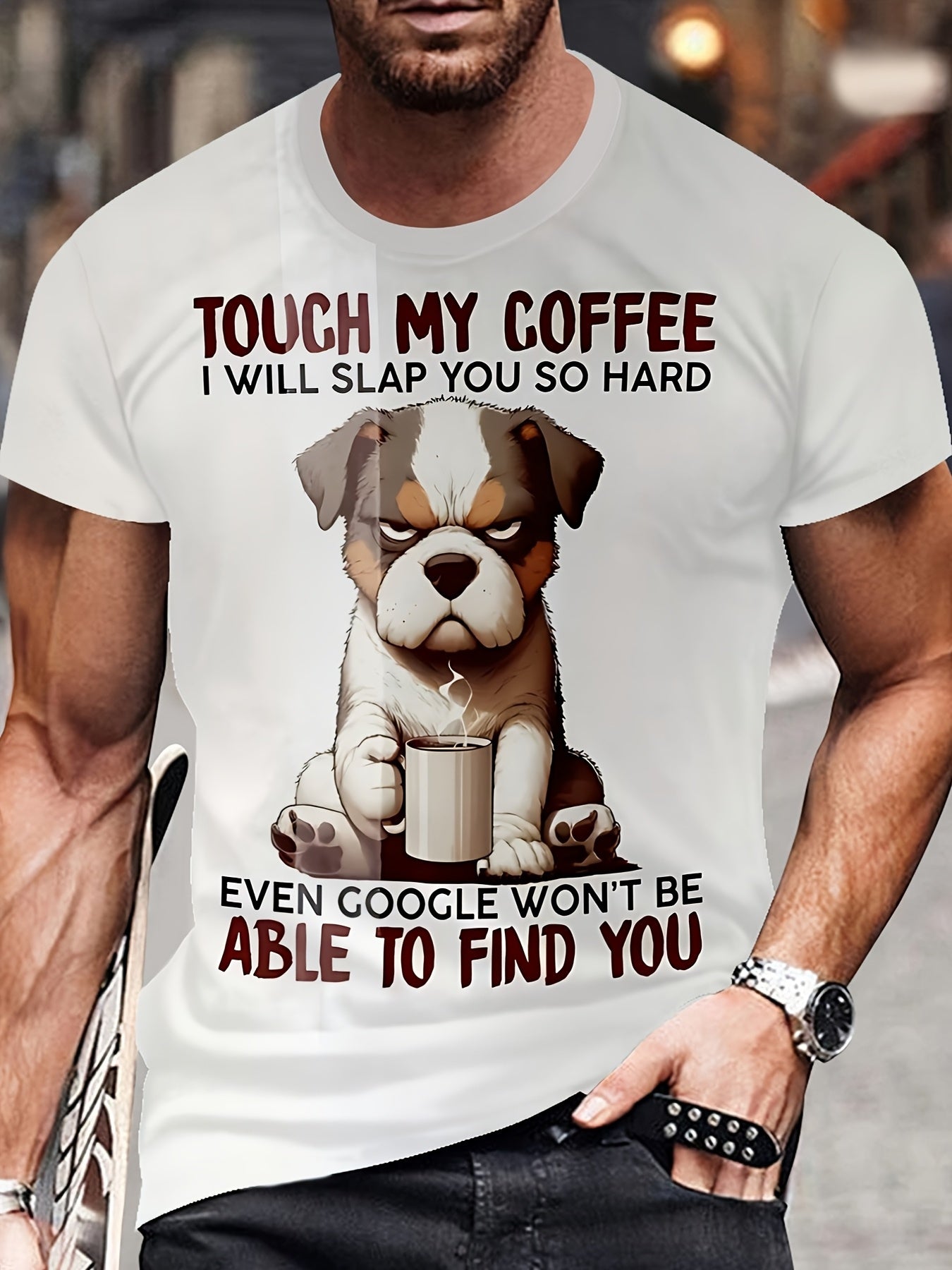 Men'S Fashion 3D Funny Dog Pattern Shirt, Comfortable Crew Neck Short Sleeve Casual Top, Polyester Knit Fabric, Slightly Elastic, Regular Fit, Summer Shirt, Heat Transfer - White, Plus Size