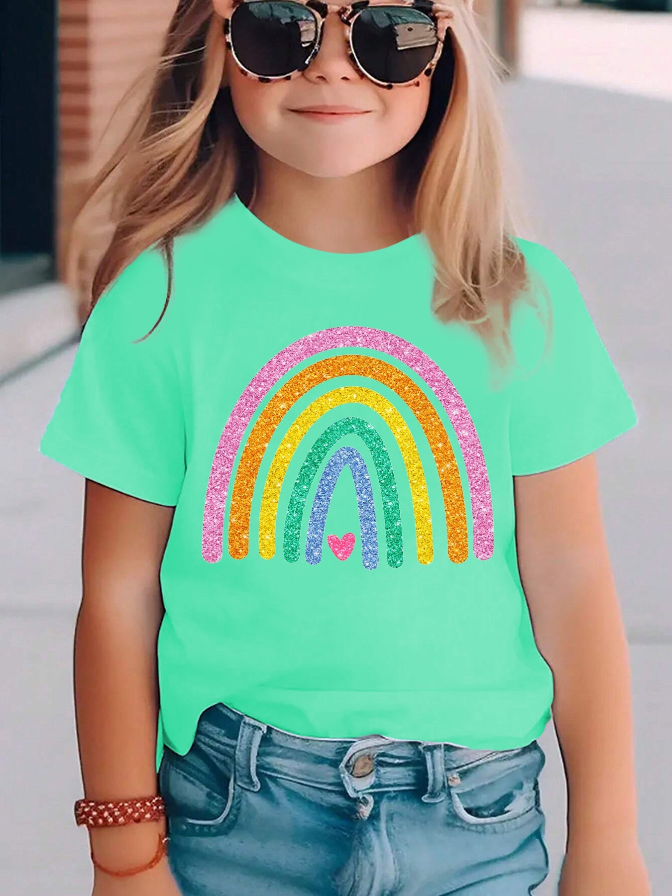 Summer Fashion Girls' Short Sleeve T-Shirt with Rainbow Heart Print, Casual Versatile Top NY-DX5490