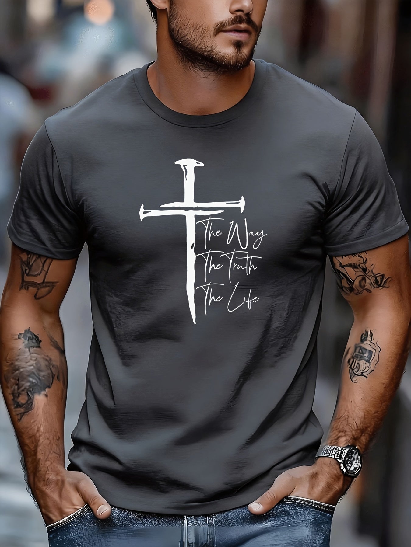 Classic Christian Graphic Tee with White Cross The Way The Truth The Life Print Men'S Fashion Street Style Casual Wear Adults Men Daily Outfit