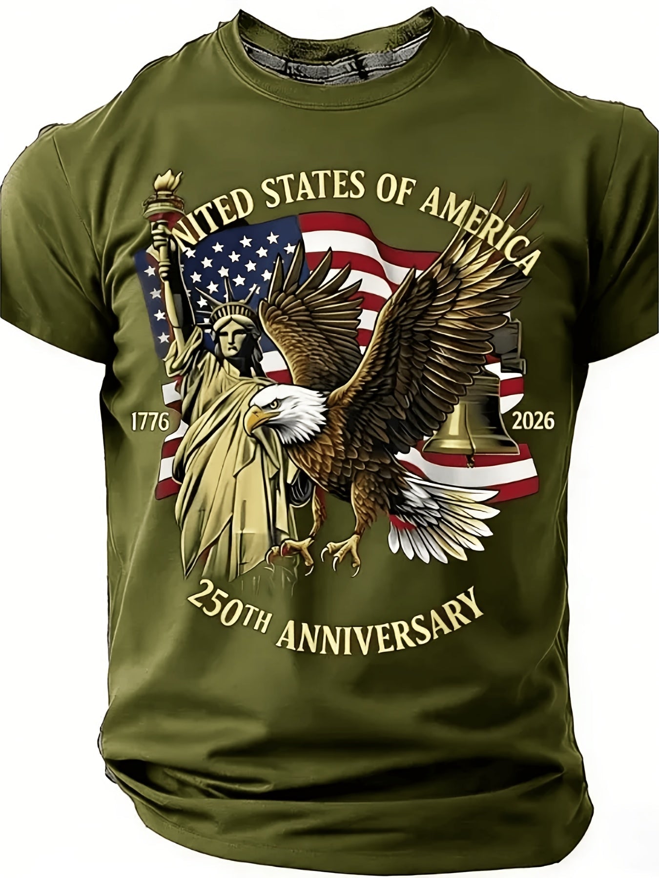 Large Round-Neck Short-Sleeved T-Shirt, Large Independence Day 250Th Anniversary T-Shirt, Featuring The National Flag, Eagle, And Statue of Liberty Prints, Loose-Fitting Top, Plus Size