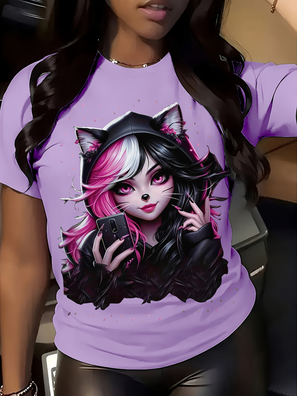Women's Anime Cat Ear Graphic T-Shirt - Japanese Manga Print Short Sleeve Crew Neck Top, Soft Stretch Casual Summer & Spring Tee for Conventions, Themed Events & Casual Attire