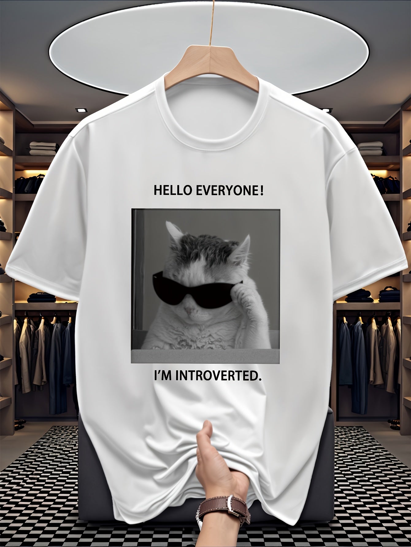 Men's "Pretending to Be Socially Awkward" Cat Letter Print Versatile Casual Sporty Short-Sleeve T-Shirt