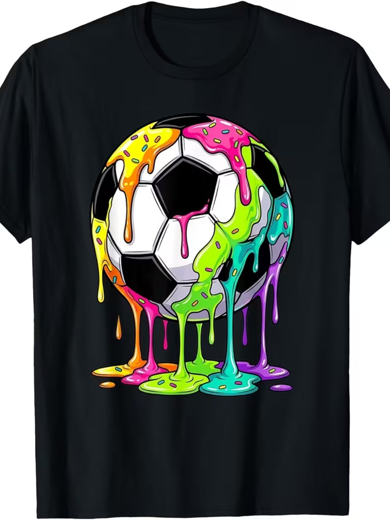 Vibrant And Colorful Soccer-Themed Artwork Featuring a Melting Ball, Perfect for Boys' T-Shirts in Spring And Summer. This Comfortable Round Neck Design Is Breathable And Has a Popular Appeal, Making It an Ideal Gift for Children