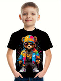 3D Printed Cartoon Cool Bear T-Shirt for Boys, Stylish, Casual, And Versatile Short-Sleeve Tee