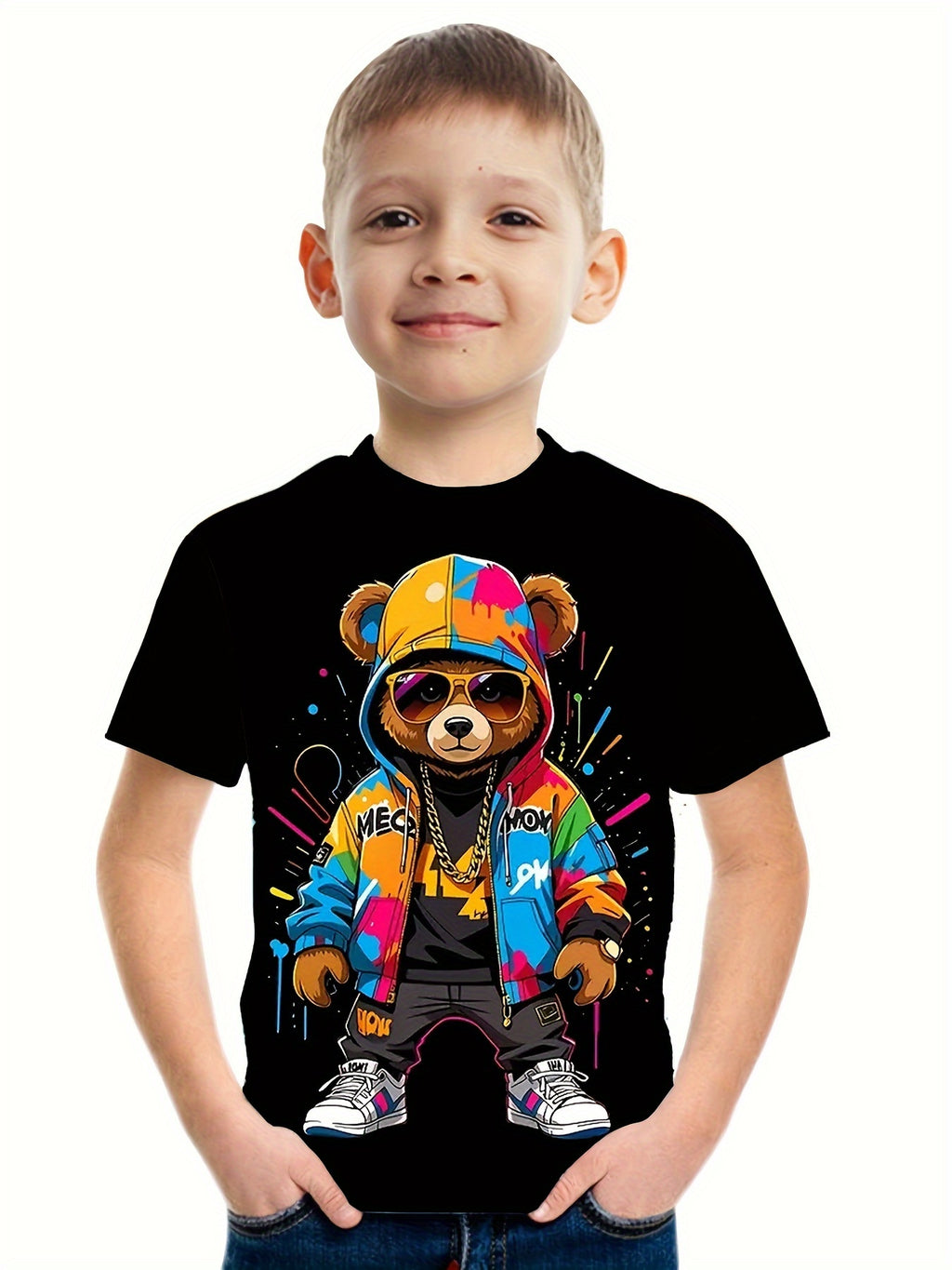 3D Printed Cartoon Cool Bear T-Shirt for Boys, Stylish, Casual, And Versatile Short-Sleeve Tee