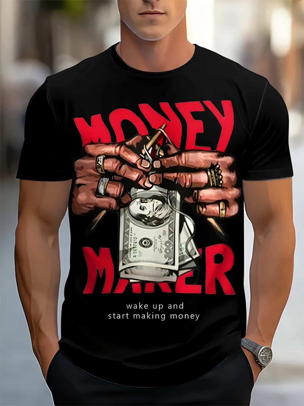 Hands With Money Print Men's Crew Neck Fashionable Short Sleeve Sports T-shirt, Comfortable And Versatile, For Summer And Spring, Athletic Style, Comfort Fit T-Shirt, As Gifts