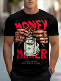 Hands With Money Print Men's Crew Neck Fashionable Short Sleeve Sports T-shirt, Comfortable And Versatile, For Summer And Spring, Athletic Style, Comfort Fit T-Shirt, As Gifts