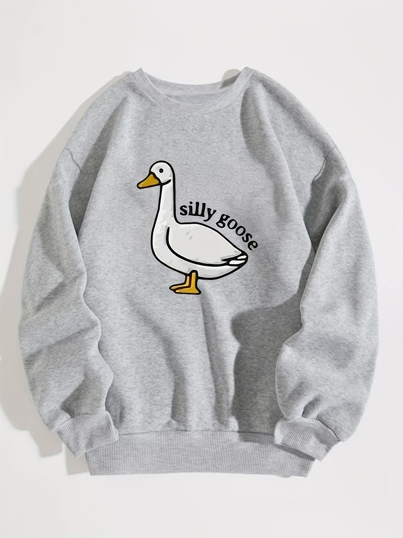 Silly Goose Print Crew Neck Fleece Sweatshirt Warm Pullover For Men Solid Color Sweatshirts For Winter Fall Long Sleeve Tops