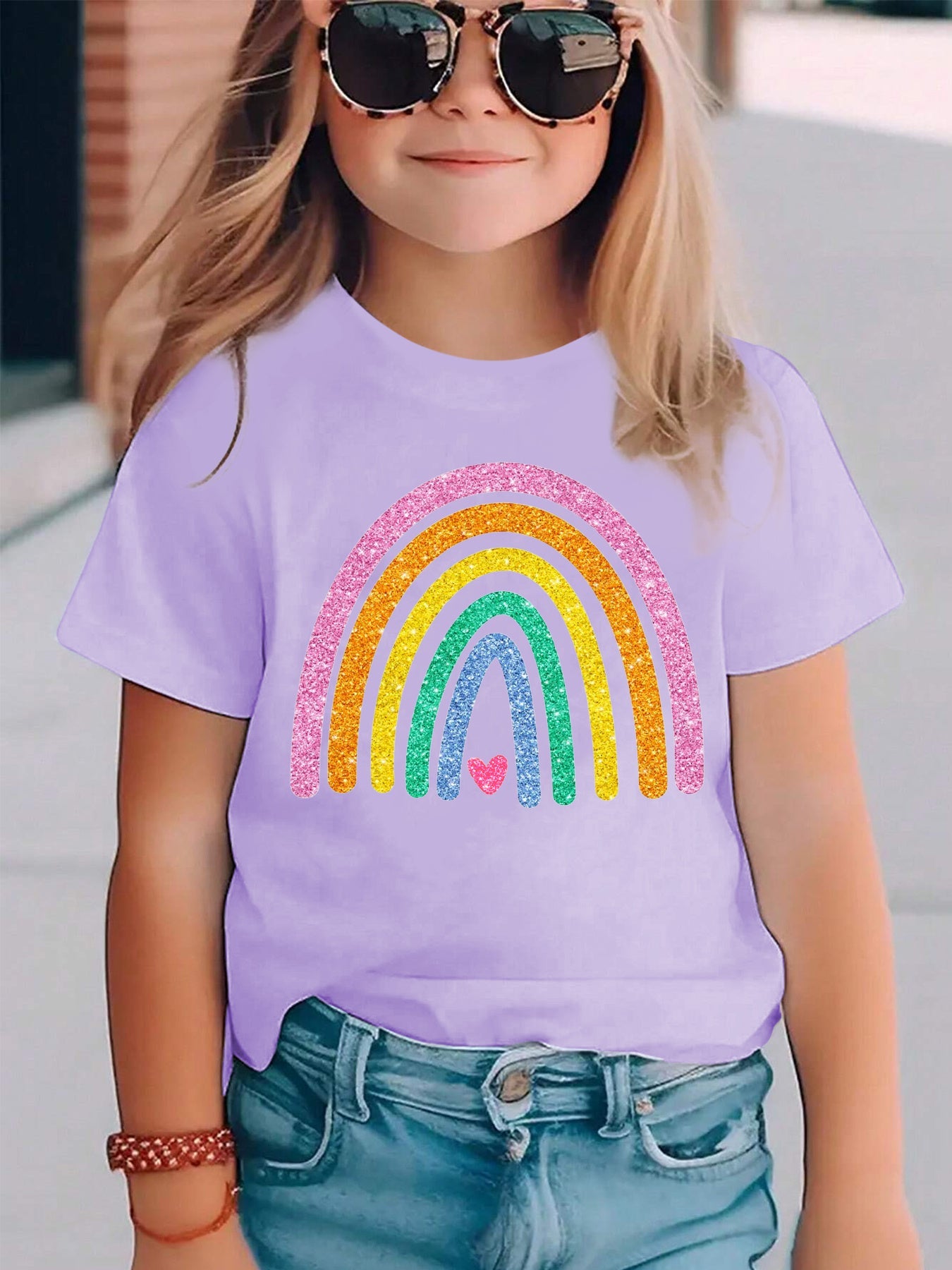 Summer Fashion Girls' Short Sleeve T-Shirt with Rainbow Heart Print, Casual Versatile Top NY-DX5490