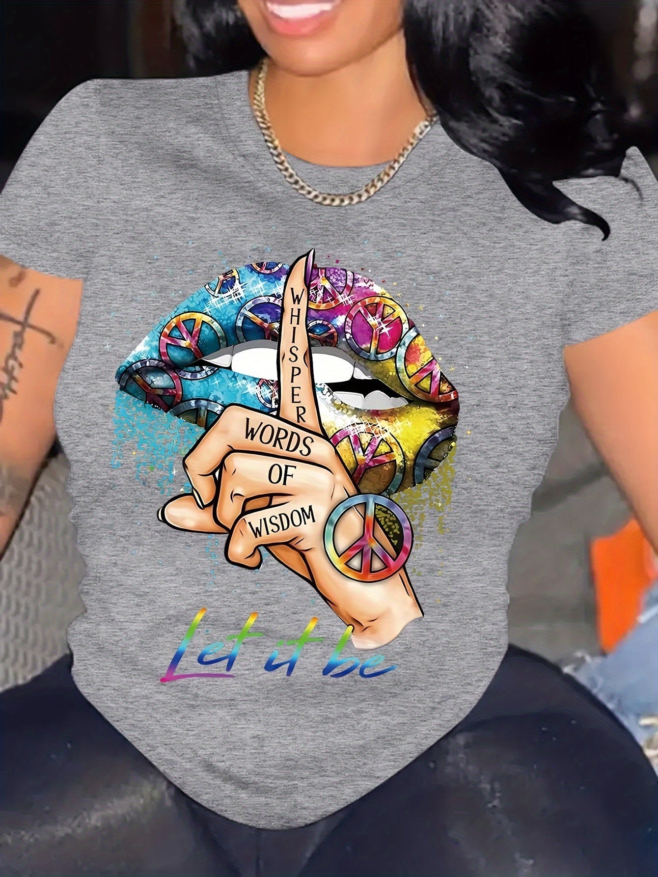 Gesture Print Crew Neck T-Shirt, Casual Short Sleeve T-Shirt for Spring & Summer, Women's Clothing