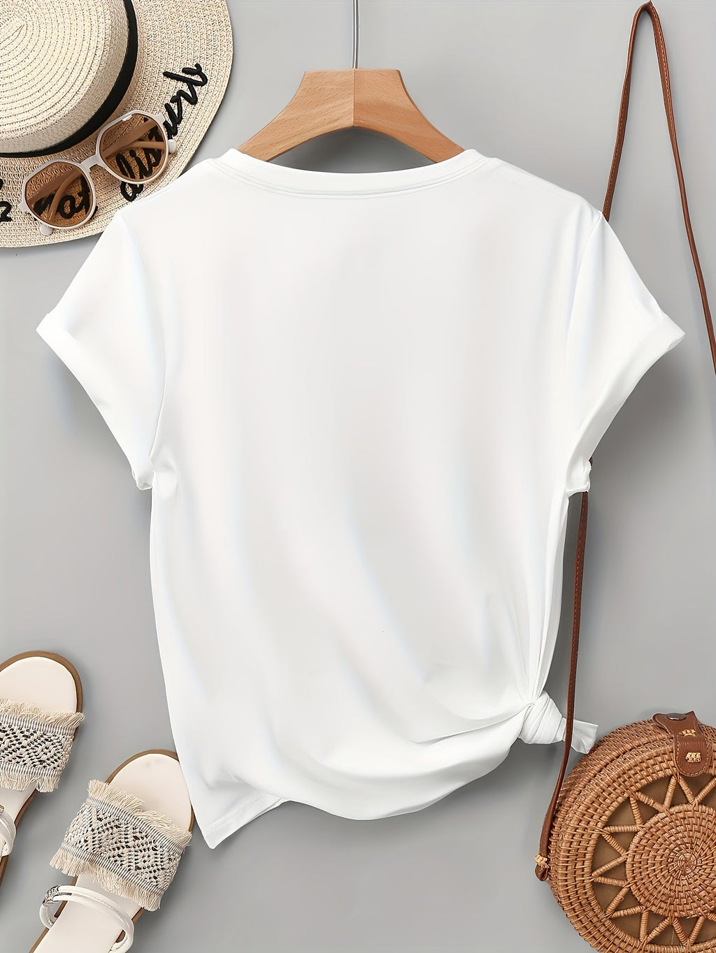 Santorini Print Round Neck T-Shirt, Summer Short Sleeve Casual Top