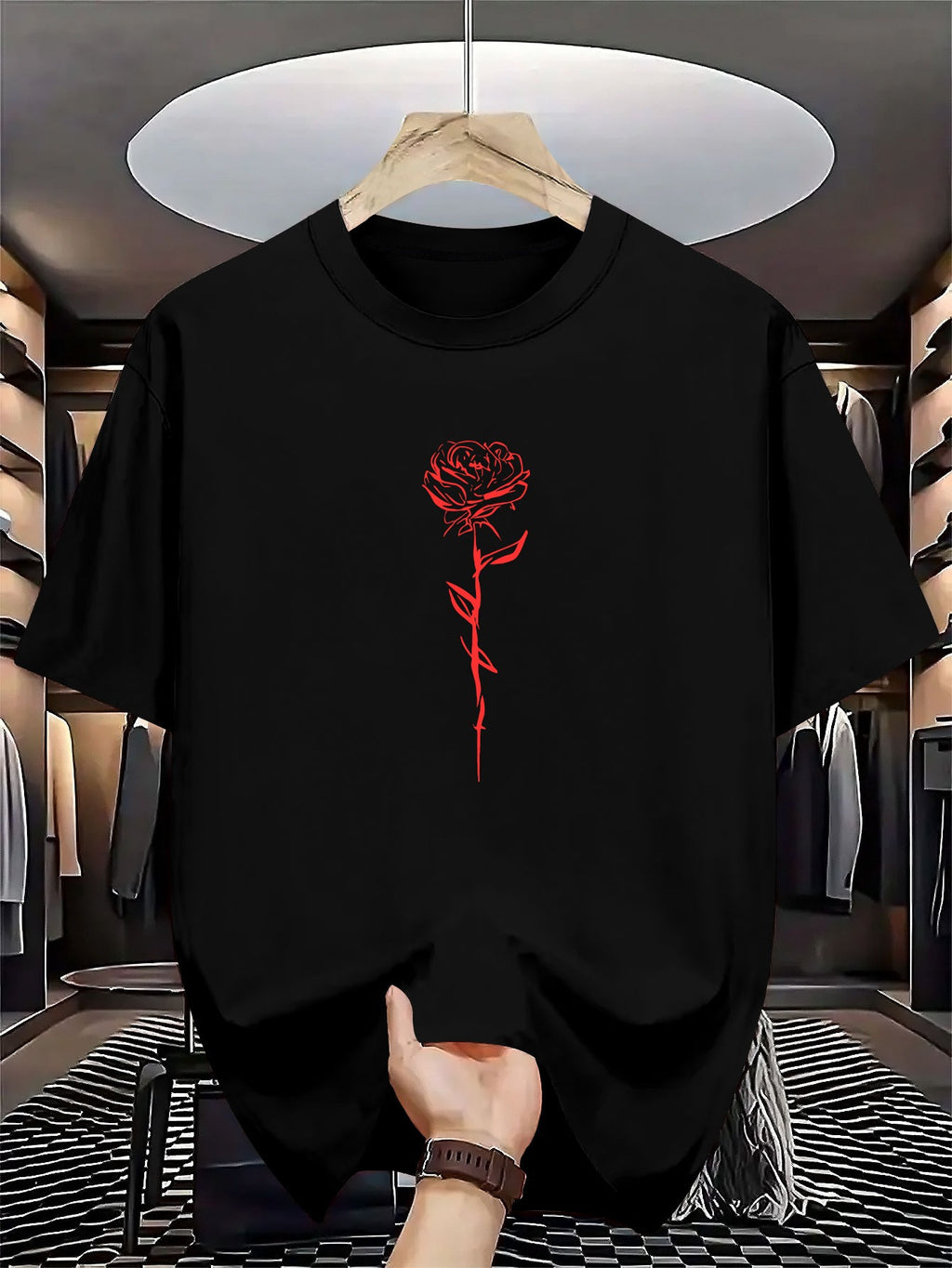 Men's Summer Short-Sleeve Round Neck T-Shirt - Casual & Sportswear Layering Base Shirt with Geometric Rose Print, Breathable for Hot Weather, Machine Washable Casual Outdoor Wear Suitable for Casual Outfits & Layering Pieces