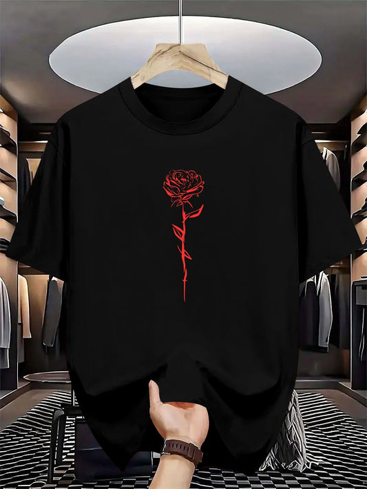 Men's Summer Short-Sleeve Round Neck T-Shirt - Casual & Sportswear Layering Base Shirt with Geometric Rose Print, Breathable for Hot Weather, Machine Washable Casual Outdoor Wear Suitable for Casual Outfits & Layering Pieces
