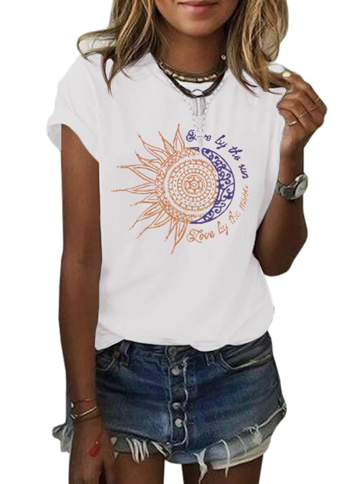 MaQiYa Womens Graphic Tees Summer Vintage Short Sleeve Cotton Moon and Sun Printed T Shirts Tops