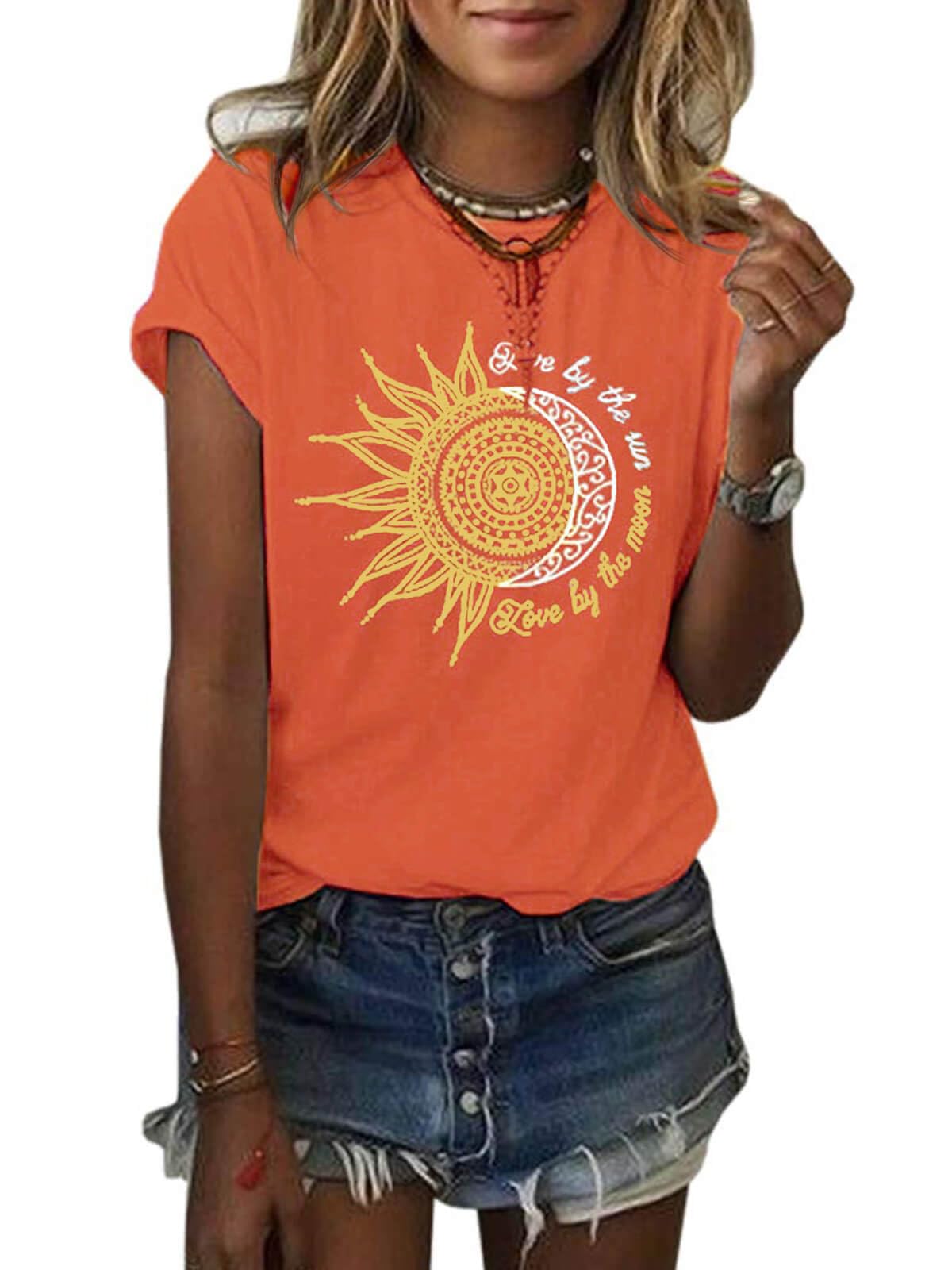 MaQiYa Womens Graphic Tees Summer Vintage Short Sleeve Cotton Moon and Sun Printed T Shirts Tops