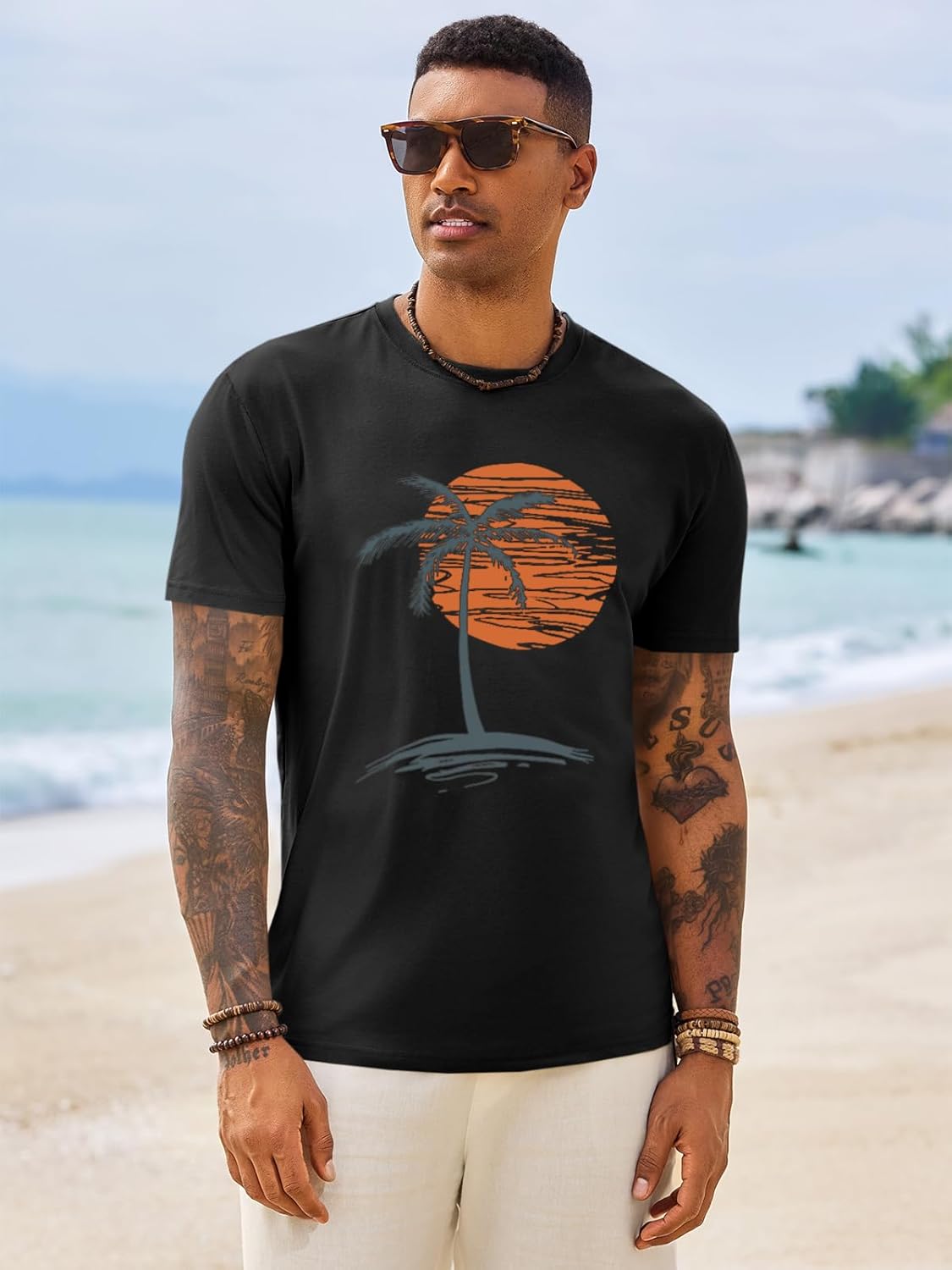 Runcati Mens Short Sleeve T-Shirts Graphic Crew Neck Casual Shirt Summer Beach Palm Tree Printed Vintage Hawaiian Tees