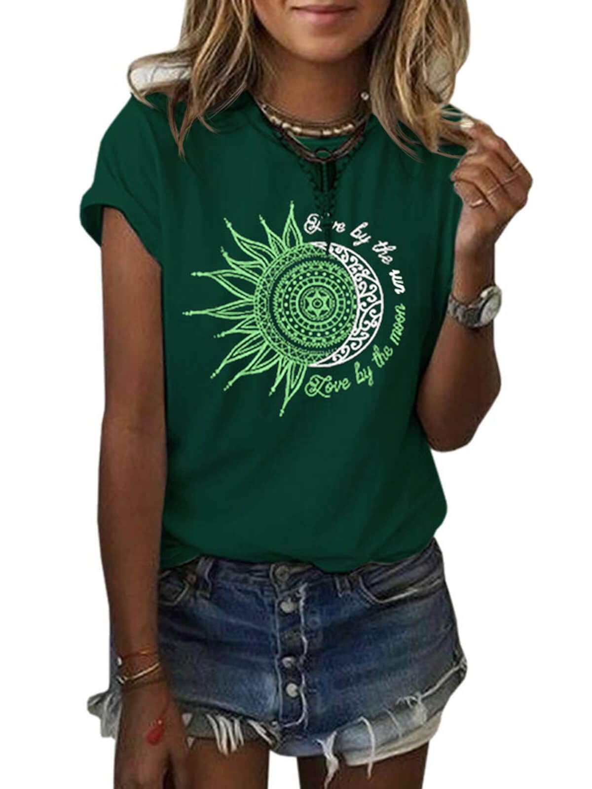 MaQiYa Womens Graphic Tees Summer Vintage Short Sleeve Cotton Moon and Sun Printed T Shirts Tops