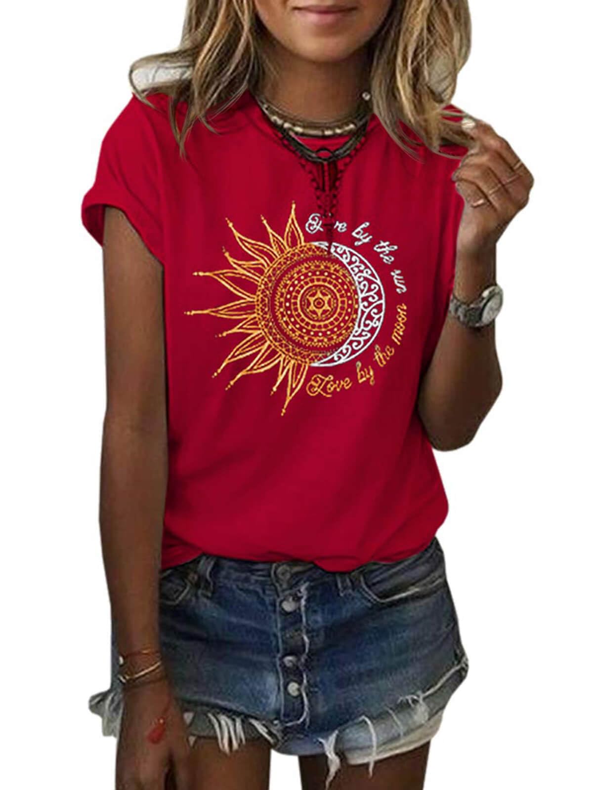 MaQiYa Womens Graphic Tees Summer Vintage Short Sleeve Cotton Moon and Sun Printed T Shirts Tops