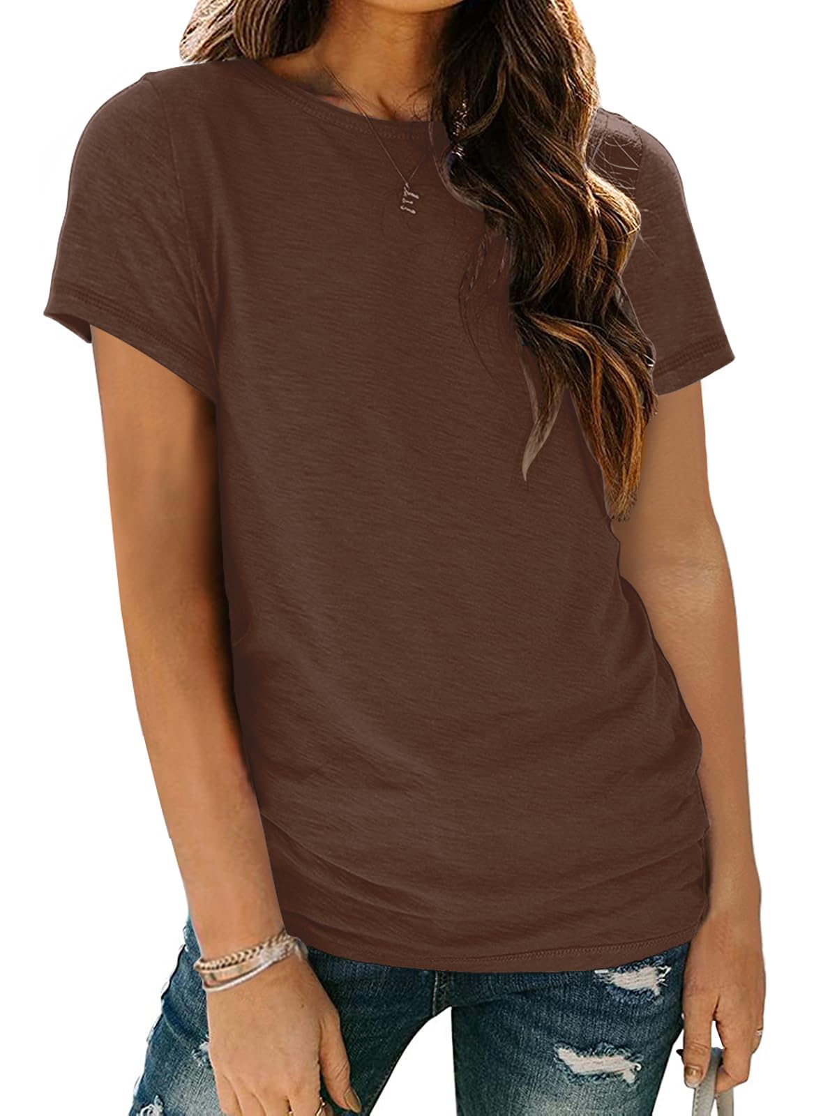 AUTOMET Women's Casual Shirt Soft Short Sleeve Round Neck Spring Summer Tops