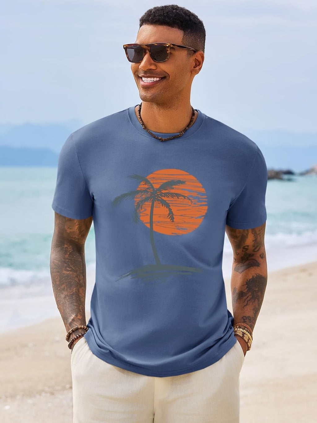 Runcati Mens Short Sleeve T-Shirts Graphic Crew Neck Casual Shirt Summer Beach Palm Tree Printed Vintage Hawaiian Tees