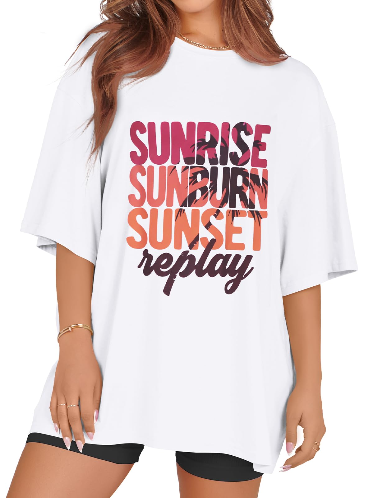 rosemia Oversized Tshirts for Women Summer Short Sleeve Round Neck Graphic Tee Shirt