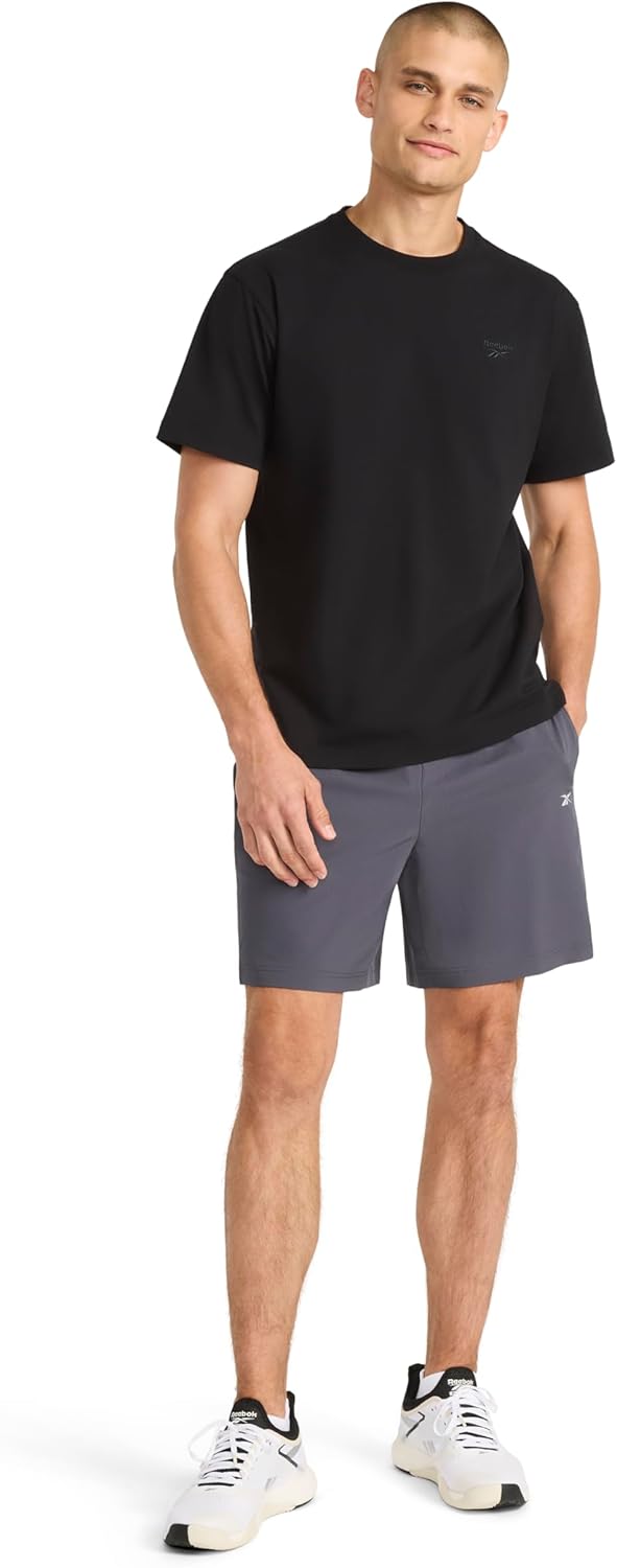 Reebok Men's Short Sleeve Crewneck Embroidered T-Shirt, Standard Fit, Lightweight Stretch Cotton Fabric