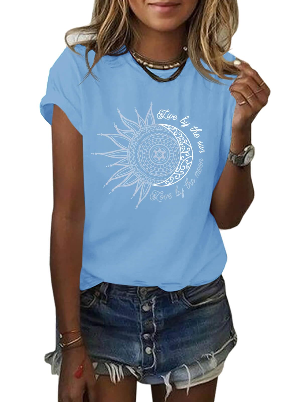 MaQiYa Womens Graphic Tees Summer Vintage Short Sleeve Cotton Moon and Sun Printed T Shirts Tops