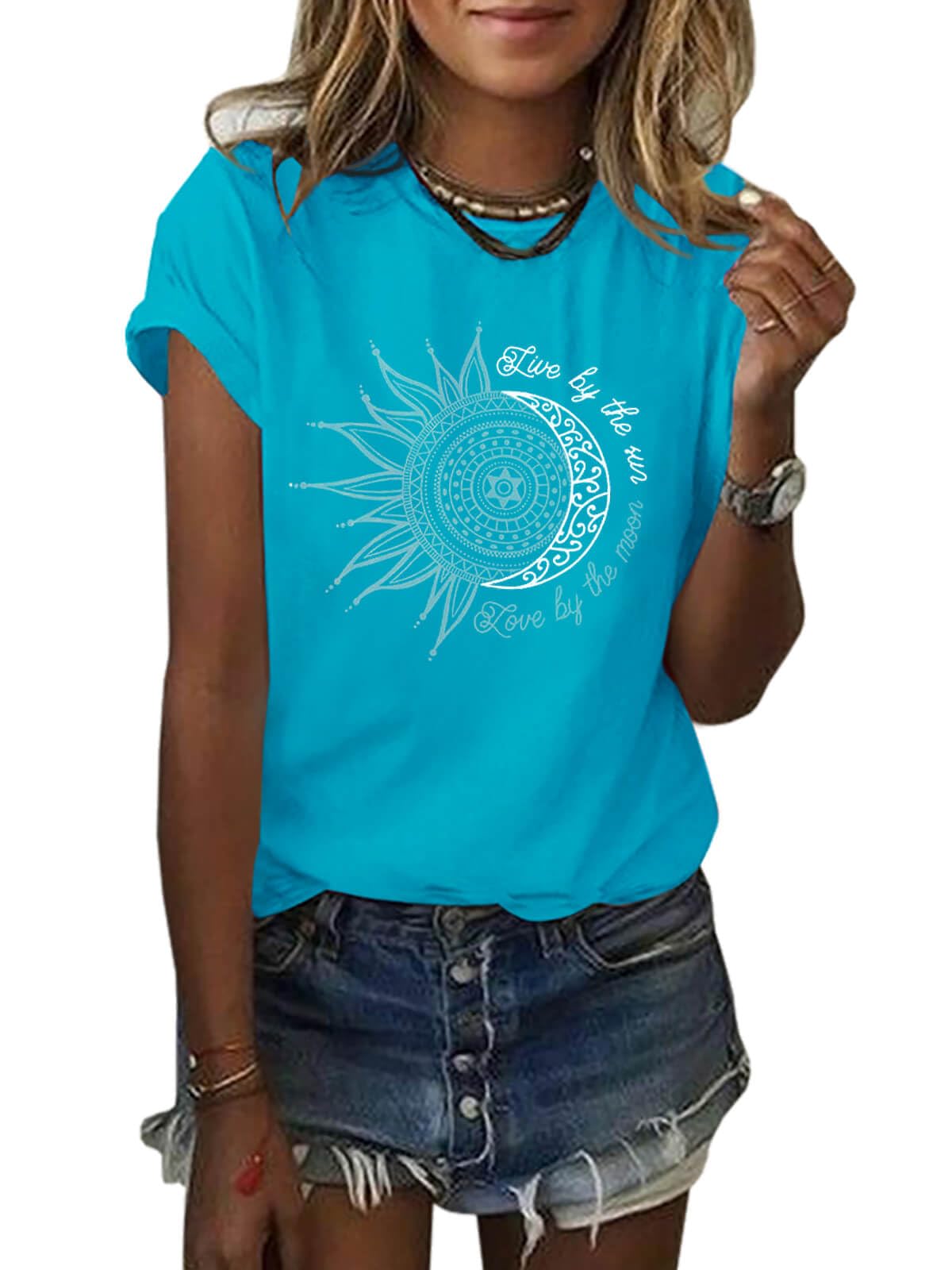 MaQiYa Womens Graphic Tees Summer Vintage Short Sleeve Cotton Moon and Sun Printed T Shirts Tops