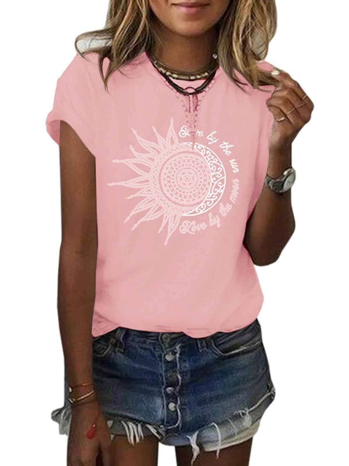 MaQiYa Womens Graphic Tees Summer Vintage Short Sleeve Cotton Moon and Sun Printed T Shirts Tops