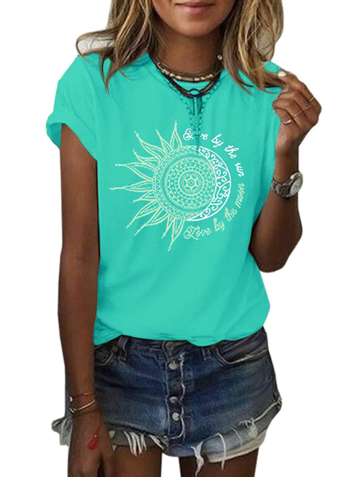 MaQiYa Womens Graphic Tees Summer Vintage Short Sleeve Cotton Moon and Sun Printed T Shirts Tops